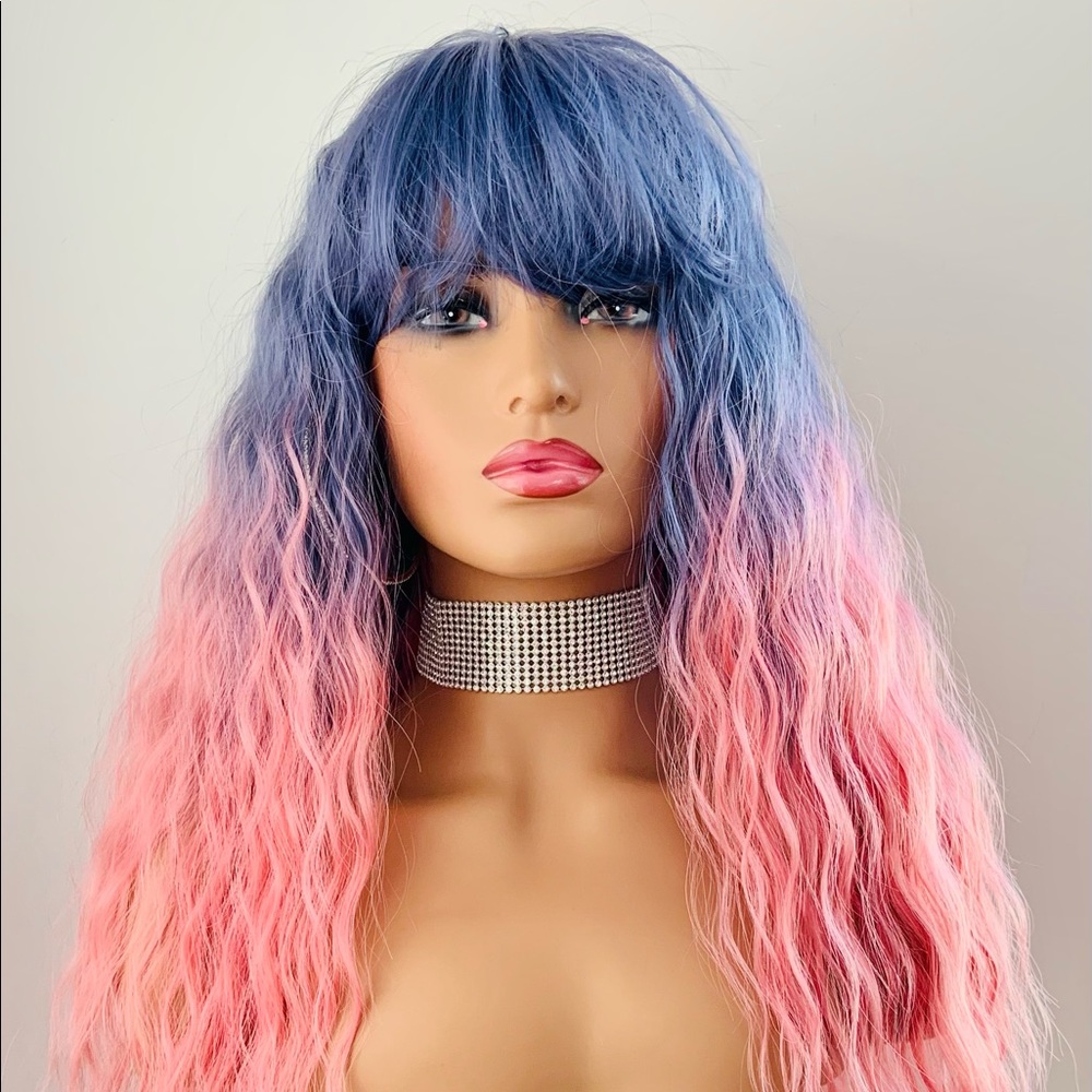 A Very Pretty Purple & Pink Long Wavy Synthetic Wig with Bangs